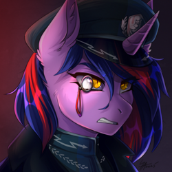 Size: 1300x1300 | Tagged: safe, artist:serodart, oc, oc only, oc:lina phantom, pony, unicorn, equestria at war mod, angry, bust, cap, chiropterra, clothes, digital art, ear fluff, ember eyes, female, hat, horn, looking right, military, military uniform, monocle, new lunar republic, peaked cap, portrait, red background, simple background, solo, uniform, uniform hat