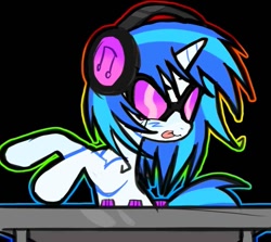 Size: 875x779 | Tagged: safe, artist:poniesinmyhead, dj pon-3, vinyl scratch, pony, unicorn, g4, :p, female, glasses, headphones, horn, mare, rainbow outline, smiling, solo, tongue out