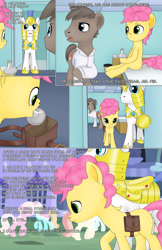 Size: 1989x3072 | Tagged: safe, artist:anonymousandrei, derpibooru exclusive, li'l cheese, earth pony, unicorn, comic:life of li'l cheese, g4, armor, bag, blank flank, canterlot, colt, comic, dialogue, doctor, doctor's office, foal, high res, horn, implied pinkie pie, inner thoughts, male, no catchlights, potion, royal guard, saddle bag, stallion, talking, text