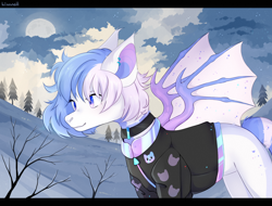 Size: 1712x1300 | Tagged: safe, artist:liannell, oc, oc only, bat pony, pony, clothes, female, mare, moon, outdoors, solo, tree