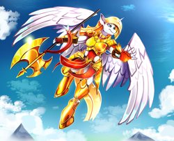 Size: 5425x4403 | Tagged: safe, artist:nebularobo, oc, oc only, oc:angel steel, alicorn, anthro, unguligrade anthro, absurd resolution, armor, axe, collar, fantasy class, female, flying, halberd, knight, outdoors, paladin, partially open wings, sky, solo, warrior, weapon, wings