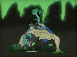 Size: 2338x1730 | Tagged: safe, artist:kainik, queen chrysalis, changeling, changeling queen, human, g4, abstract background, all fours, clothes, drool, glowing, glowing eyes, hivemind, human to changeling, mid-transformation, solo, transformation