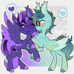 Size: 2000x2000 | Tagged: safe, artist:bwolfalien, oc, oc only, oc:ruffled quill, oc:shadow galaxy, pegasus, pony, big ears, blushing, cheek fluff, chest fluff, colored wings, commission, concave belly, cute, duo, duo male and female, ear fluff, ethereal mane, female, fluffy, freckles, glasses, heart, hooves, leg fluff, male, mare, open mouth, passepartout, slender, smiling, stallion, starry mane, starry tail, tail, thin, two toned wings, wings, ych result