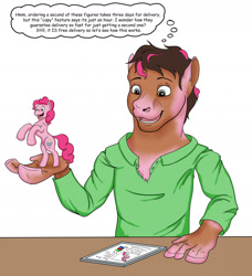 Size: 1832x2012 | Tagged: safe, artist:termyotter, pinkie pie, earth pony, human, pony, g4, clothes, figurine, holding, human to pony, mid-transformation, rearing, simple background, thought bubble, transformation, white background