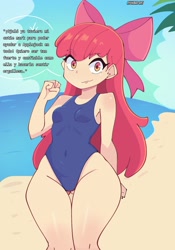 Size: 1426x2033 | Tagged: safe, artist:ryukman, apple bloom, human, g4, :3, beach, belly, belly button, bow, breasts, clothes, cloud, cowboy shot, crying, emoji, hair bow, humanized, looking at you, meme, older, older apple bloom, one-piece swimsuit, outdoors, ribcage, solo, spanish, speech bubble, stupid sexy apple bloom, swimsuit, text, thighs, thunder thighs, uohhhhhhhhh!, 😭