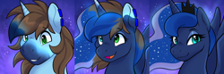 Size: 1800x600 | Tagged: safe, artist:rindeadsong, princess luna, oc, oc:jack, alicorn, pony, unicorn, g4, bust, character to character, eye color change, horn, portrait, smiling, transformation, transformation sequence