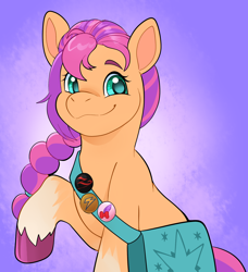 Size: 1830x2003 | Tagged: safe, artist:rindeadsong, sunny starscout, earth pony, pony, g5, braid, braided ponytail, cute, female, gradient background, looking at you, mare, ponytail, raised hoof, sitting, smiling, smiling at you, solo, sunny's bag, sunnybetes