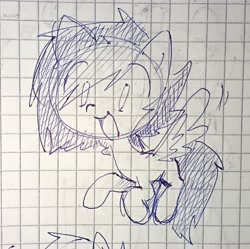 Size: 2999x2983 | Tagged: safe, artist:kruvvv, oc, oc only, oc:kruv, pegasus, pony, :d, black and white, female, flying, graph paper, grayscale, mare, monochrome, open mouth, open smile, pegasus oc, photo, raised hoof, sketch, smiling, solo, spread wings, traditional art, wings