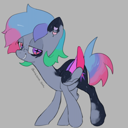 Size: 4096x4096 | Tagged: safe, artist:metaruscarlet, oc, oc only, oc:galaxy (pegasus), pegasus, pony, ear piercing, folded wings, freckles, gray background, heterochromia, looking at you, pegasus oc, piercing, simple background, solo, spotted, wings