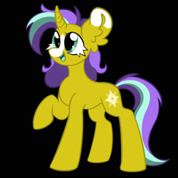 Size: 2000x2000 | Tagged: safe, artist:cupute, oc, oc only, oc:star mane, pony, unicorn, big ears, black background, coat markings, colored, concave belly, curved horn, flat colors, horn, raised hoof, simple background, slender, solo, thin, unicorn oc