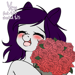 Size: 2000x2000 | Tagged: safe, artist:xcinnamon-twistx, oc, oc:cinnamon twist, advertisement, bouquet of flowers, commission, eyes closed, flower, happy, holiday, rose, valentine, valentine's day, your character here