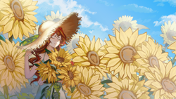 Size: 2485x1404 | Tagged: safe, artist:eong107, sunset shimmer, human, g4, clothes, dress, eyes closed, female, field, flower, hat, outdoors, sky, smiling, solo, straw hat, sun hat, sundress, sunflower