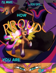 Size: 3138x4096 | Tagged: safe, artist:mekblue, sunny starscout, twilight sparkle, alicorn, earth pony, pony, g4, g5, crying, dialogue, duo, duo female, female, mane stripe sunny, mare, meme, older, older twilight, older twilight sparkle (alicorn), race swap, subverted meme, sunnycorn, text, that magic was not yours to give, twilight sparkle (alicorn), wip