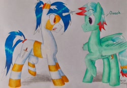 Size: 2572x1776 | Tagged: safe, artist:thecrimsonspark, oc, oc only, oc:murky silentium, oc:watercolor (the coco clan), monster pony, pegasus, pony, unicorn, 2022, :o, blue mane, blue tail, catchlights, coat markings, commission, commissioner:rautamiekka, context in description, cyan mane, cyan tail, date (time), dialogue, duo, duo male, ears, ears up, english, eyebrows, eyes open, feathered wings, female to male, femboy, friends with benefits, full body, gay, green coat, hooves, horn, leg stripes, long tail, looking at each other, looking at someone, magenta eyes, male, male oc, no eyelashes, oc x oc, older male, open mouth, partially open wings, pegasus oc, pegasus wings, pencil shading, pony oc, pony on pony action, ponytail, quadrupedal, raised hoof, red eyes, red mane, red tail, rule 63, shading, shadow, shipping, short mane, side view, signature, stallion, stallion oc, stallion on stallion, standing, stripes, surprised, tail, tail band, three quarter view, traditional art, two toned mane, two toned tail, unicorn oc, white coat, white mane, white tail, wings, younger male