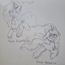 Size: 2048x2048 | Tagged: safe, artist:comicmaker, izzy moonbow, misty brightdawn, pony, unicorn, g5, duo, duo female, female, grayscale, horn, mare, monochrome, sketch, traditional art