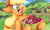 Size: 3173x1925 | Tagged: safe, artist:valemjj, applejack, applin, earth pony, pony, g4, apple, apple basket, apple tree, applejack's hat, cloud, cowboy hat, ears back, female, fence, flower, food, hat, hill, hydrapple, mare, pokémon, scared, screaming, tongue out, tree