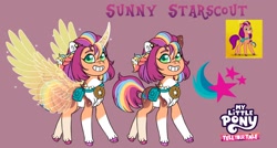 Size: 2048x1097 | Tagged: safe, artist:malinraf1615, sunny starscout, alicorn, g5, alternate design, alternate hairstyle, artificial horn, artificial wings, augmented, coat markings, curved horn, horn, horn markings, large wings, magic, magic horn, magic wings, mane stripe sunny, my little pony logo, pale belly, race swap, socks (coat markings), solo, spread wings, sunny starscout's cutie mark, sunnycorn, wings