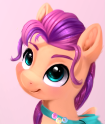 Size: 703x830 | Tagged: safe, artist:vah3qitnrcgf66, sunny starscout, earth pony, pony, g5, cute, eyebrows, female, long mane, looking up, mare, smiling, solo, sunny's bag, sunnybetes