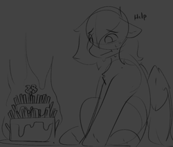 Size: 815x692 | Tagged: safe, artist:beardie, oc, oc only, oc:rise'n whiskey, pegasus, pony, birthday, birthday cake, cake, candle, chest fluff, dialogue, fire, food, frosting, number, pegasus oc, sketch, solo, sweat, sweatdrops