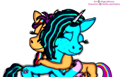 Size: 620x392 | Tagged: safe, artist:magicalhyena-fanart, misty brightdawn, sunny starscout, earth pony, pony, unicorn, g5, missing the mark, my little pony: make your mark, my little pony: make your mark chapter 4, spoiler:g5, duo, duo female, eyes closed, female, horn, hug, mane stripe sunny, mare, simple background, transparent background