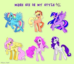 Size: 1000x872 | Tagged: safe, artist:simplynao, applejack, fluttershy, pinkie pie, rainbow dash, rarity, twilight sparkle, alicorn, earth pony, pegasus, pony, unicorn, g4, green background, horn, mane six, simple background