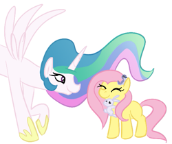 Size: 571x479 | Tagged: artist needed, safe, angel bunny, fluttershy, princess celestia, alicorn, pegasus, g4, eyes closed