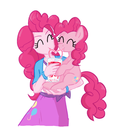 Size: 916x997 | Tagged: safe, artist:siemensohm, pinkie pie, earth pony, human, pony, equestria girls, g4, coffee, crazy straw, cute, diapinkes, drink, drinking, drinking straw, duo, duo female, eyes closed, female, food, holding a pony, human ponidox, latte, self paradox, self ponidox, simple background, white background