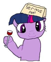 Size: 374x451 | Tagged: safe, artist:rapehorses, twilight sparkle, pony, g4, 1000 hours in ms paint, alcohol, champagne, champagne glass, drink, gentlecolt, glass, hat, meme, ms paint, serious hat, simple background, smug, soyjak, soyjak.party, white background, wine, wine glass, wojak