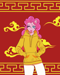 Size: 1900x2388 | Tagged: safe, artist:feralroku, pinkie pie, earth pony, anthro, g4, chinese new year, chinese new year 2025, clothes, cloud, cute, female, hand in pocket, hoodie, mare, mlem, one eye closed, silly, solo, standing, tongue out, year of the snake