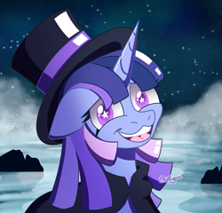 Size: 2339x2250 | Tagged: safe, artist:acidigon, oc, oc only, oc:flawless sparklemoon, pony, unicorn, my little pony the movie: the death of twilight sparkle, g4, cloak, clothes, female, fusion, fusion:trixie, fusion:twilight sparkle, fusion:twixie, hat, horn, looking at you, mare, open mouth, open smile, smiling, solo, top hat