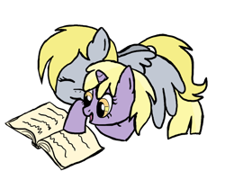 Size: 650x520 | Tagged: safe, artist:smockhobbes, derpy hooves, dinky hooves, pegasus, unicorn, g4, book, foal, horn, reading