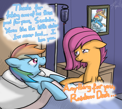 Size: 1000x900 | Tagged: safe, alternate version, artist:kymsnowman, rainbow dash, scootaloo, g4, bed, crying, older