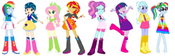 Size: 1573x508 | Tagged: safe, artist:olivimlpfan, fluttershy, indigo zap, rainbow dash, sugarcoat, sunny flare, sunset shimmer, twilight sparkle, equestria girls, g4, boots, cowboy boots, high heel boots, shoes, simple background, solo, white background