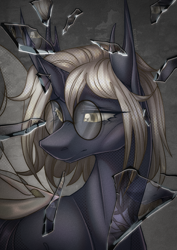 Size: 1703x2410 | Tagged: safe, artist:kreteen art, oc, oc only, changeling, changeling queen, bust, changeling oc, glasses, portrait, shattered glass, solo, white changeling