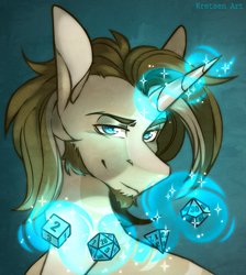 Size: 2216x2468 | Tagged: safe, artist:kreteen art, oc, oc only, oc:valsie, unicorn, bust, dice, handsome, horn, magic, portrait, telekinesis