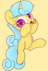 Size: 1285x1890 | Tagged: safe, artist:violavaquita, lemon hearts, pony, unicorn, g4, belly, belly button, female, filly, foal, heart, heart eyes, horn, looking at you, open mouth, simple background, solo, wingding eyes, younger