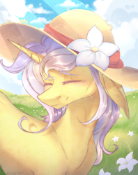 Size: 1718x2168 | Tagged: safe, artist:kreteen art, oc, oc only, oc:goldie glow, lamia, original species, snake, snake pony, cute, flower, flower on hat, hat, meadow