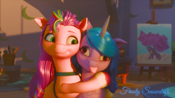 Size: 1920x1080 | Tagged: safe, artist:frostysnowdrift, izzy moonbow, sunny starscout, earth pony, unicorn, g5, 3d, derp, duo, duo female, female, horn, indoors, lesbian, lighting, long mane, mane stripe sunny, paintbrush, painting, ship:moonscout, shipping, signature, sunny's bag, tongue out