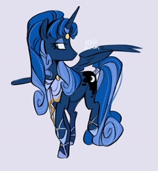 Size: 1597x1728 | Tagged: safe, artist:peachmichea, idw, princess luna, alicorn, pony, g4, reflections, artemis luna, female, lidded eyes, light blue background, mare, mirror universe, signature, simple background, solo, standing on two hooves, turned head