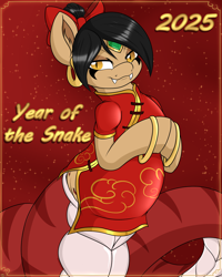 Size: 2000x2500 | Tagged: safe, artist:novaspark, oc, oc only, oc:sahara, lamia, original species, alternate hairstyle, bow, cheongsam, chinese new year, clothes, dress, fangs, hair bow, lunar new year, solo, year of the snake