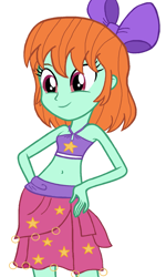 Size: 1061x1774 | Tagged: safe, artist:ocean lover, peppermint goldylinks, human, equestria girls, g4, bare midriff, bare shoulders, beautiful, belly, belly button, bikini, bikini top, bow, brown hair, clothes, cute, equestria girls-ified, friendship student, hair bow, hand on hip, happy, humanized, magenta eyes, midriff, ms paint, purple bow, sarong, short hair, simple background, sleeveless, smiling, swimsuit, teenager, white background