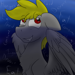 Size: 4104x4104 | Tagged: safe, artist:flashytheflashpone-blog, oc, oc:flashy, oc:lightning flash, pegasus, pony, chest fluff, cravings, english, hungry, implied vore, looking up, male, partially open wings, pegasus oc, sitting, solo, stallion, tumblr, wings