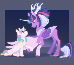 Size: 2788x2480 | Tagged: safe, artist:yozora122, tree of harmony, twilight sparkle, oc, unnamed oc, alicorn, pony, unicorn, g4, alternate universe, coat markings, duo, duo female, ethereal mane, female, grin, height difference, high res, horn, leonine tail, lidded eyes, long horn, looking at each other, looking at someone, mare, not celestia, one wing out, open mouth, scratches, slender, smiling, socks (coat markings), starry mane, starry wings, story included, tail, thin, twilight sparkle (alicorn), ultimate twilight, unicorn oc, wings