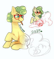 Size: 1546x1690 | Tagged: safe, artist:kiwiscribbles, oc, oc only, oc:kiwi scribbles, earth pony, pony, glasses, mouth hold, pencil, redraw, simple background, solo, white background