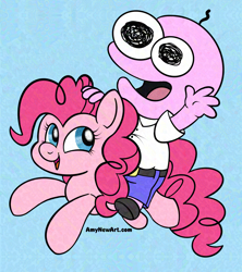 Size: 3354x3780 | Tagged: safe, artist:amynewblue, pinkie pie, earth pony, g4, adult swim, crossover, jumping, riding, simple background, smiling friends