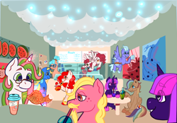 Size: 2360x1640 | Tagged: safe, artist:kiwiscribbles, oc, oc only, earth pony, pegasus, pony, unicorn, cafe, cellphone, horn, phone, siblings, twins