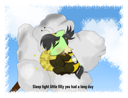 Size: 3500x2700 | Tagged: safe, artist:scandianon, oc, oc only, oc:beefilly, oc:filly anon, bee, insect, pony, animal costume, bee costume, blushing, clothes, costume, eyes closed, female, filly, floppy ears, flower, foal, outdoors, sleeping, smiling, text, tribute