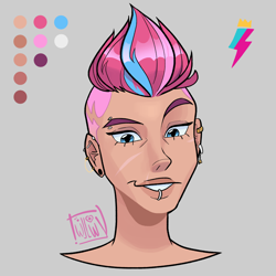 Size: 2048x2048 | Tagged: safe, artist:twillow, part of a set, zipp storm, human, g5, bust, color palette, ear piercing, earring, female, gray background, grin, high res, humanized, jewelry, lip piercing, piercing, shaved sides, signature, simple background, smiling, solo, tan skin