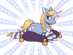 Size: 1298x981 | Tagged: safe, artist:beyhr, oc, oc only, oc:holy steel, pony, unicorn, blonde mane, blonde tail, clothes, frown, horn, lying down, pillow, red eyes, socks, solo, striped socks, tail, unicorn horn