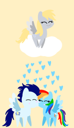 Size: 744x1284 | Tagged: safe, anonymous artist, derpibooru exclusive, derpy hooves, rainbow dash, soarin', pegasus, pony, series:soarindash relationship, series:soarindash romantic tales, g4, eyes closed, female, jumping, kiss on the lips, kissing, male, mare, pointy ponies, rain, ship:soarindash, shipping, smiling, stallion, straight